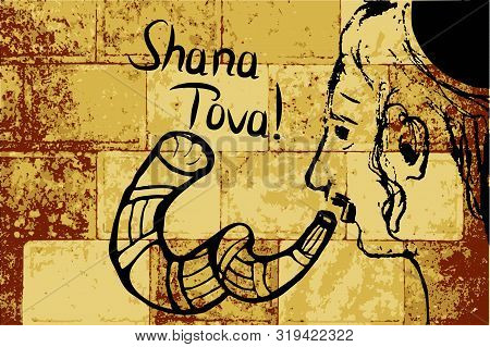 Religious Jew With A Shofar. Hasid Rosh Hashanah. Sketch, Doodle, Hand Draw. Lettering Inscription S