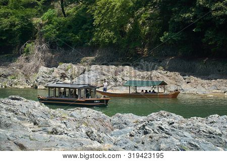 Katsura River,kyoto,japan - July 7,2019 : Tourists On The Boats In The Katsura River