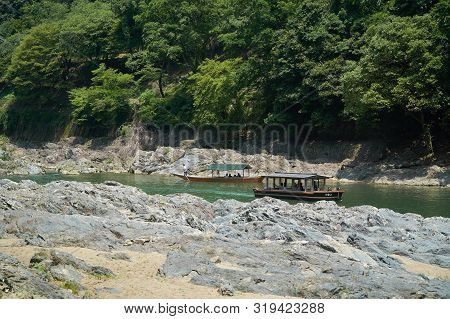 Katsura River,kyoto,japan - July 7,2019 : Tourists On The Boats In The Katsura River