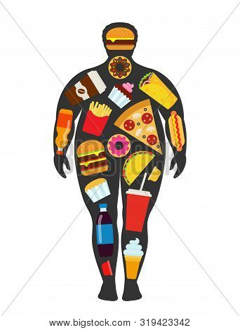 Man Silhouette With Scattered Fast Food Elements. Unhealthy, Junk Food And Obesty Concept.