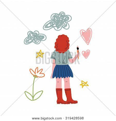 Cute Girl Painting On Wall With Color Paints And Brush, View From Behind Vector Illustration