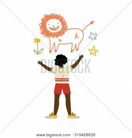 Cute African American Boy Drawing Lion On Wall, View From Behind Vector Illustration