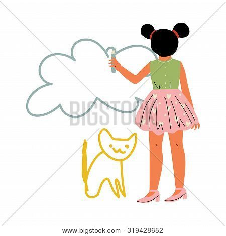 Cute Girl Drawing Picture On Wall With Color Pencils, View From Behind Vector Illustration