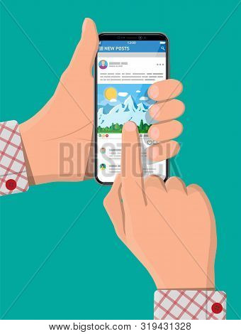 Social Network Interface App On Smartphone Screen In Hand. News Post Frames Pages On Mobile Device. 