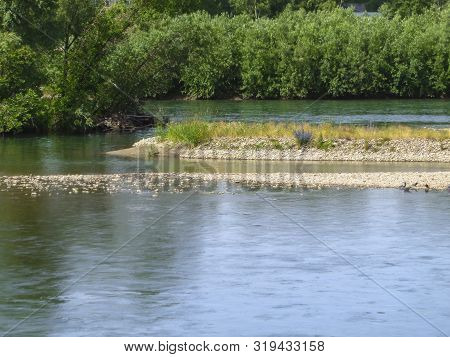 Riverbank With Green Trees. Ulba River In Summer With Green Trees On The Banks. Dense Forest. Green 