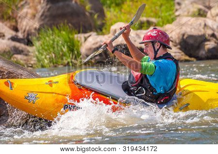 Myhiya, Ukraine - August 17, 2019: Playboating. Kayaking Freestyle On Whitewater. During Training, T