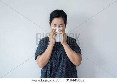 Flu Senior Asian Woman And Using Tissue Paper,elderly Female Sneezing,copy Space For Text On White B