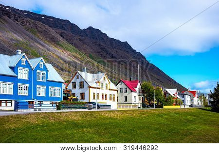 Isafjordur, Iceland, The Houses In Traditional Style That Overlook The Tungata Square
