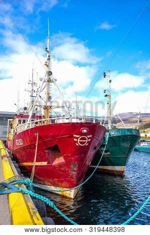 Isafjordur, Iceland - June 1, 2019: Fischermen Boats In The Harbor