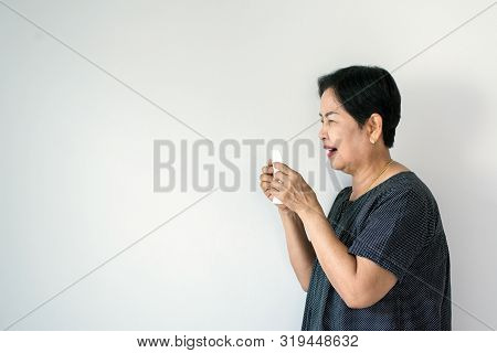 Flu Senior Asian Woman And Using Tissue Paper,elderly Female Sneezing,copy Space For Text On White B