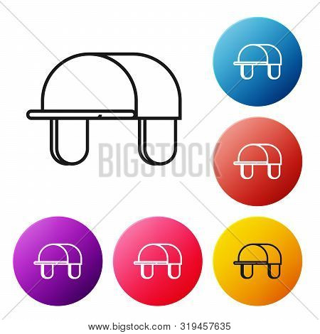 Black Line Hunter Hat Icon Isolated On White Background. Plaid Winter Hat. Set Icons Colorful Circle