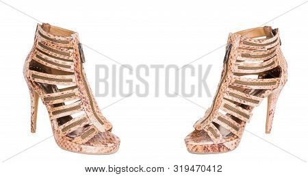Pair Of Classical Woman Daily Laced High Heels Gladiator Sandals Shoes. Two Isolated.