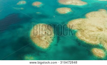Seascape: Atoll And Coral Reef With Blue Water, Copy Space For Text. From Above. Bucas Grande, Phili