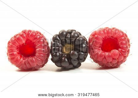 Two Fresh Ripe Raspberries And Blac Kberry On White Backgrounde