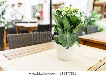 Selective Focus Of Table Of Coffee Shop Outside View In Autria