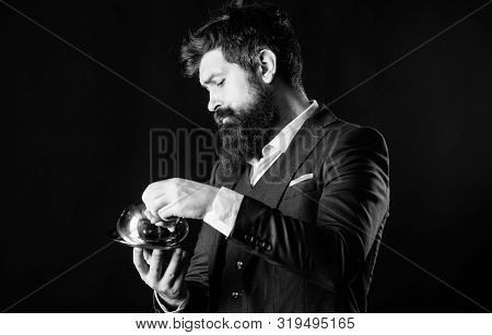 Waiter Luxury Restaurant. Man Well Groomed Gentleman Formal Suit Hold Little Cloche. Serving And Pre
