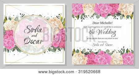 Floral Template For A Wedding Invitation. A Border Of Peony Flowers, Eucalyptus, Green Leaves And Pl