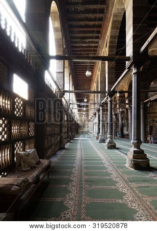 Cairo, Egypt- January 23 2016: Corridor At Public Historic Mosque Of Amir Al-maridani With Wooden Ar