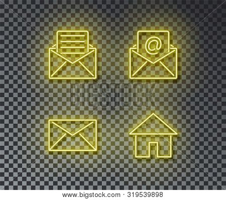 Neon Mail Signs Vector Isolated On Brick Wall. Post Mail, Letter, Home, Open, Envelope Light Symbol,