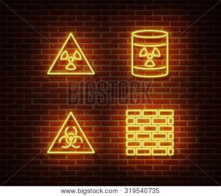 Neon Dangerous Signs Vector Isolated On Brick Wall. Radiation, Atom, Hazard Light Symbol, Radiactive