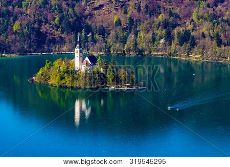 Bled Island In Bled Lake, Slovenia. Sport And Recreation In Slovenia