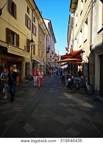 Aosta, Italy - August 14, 2019:  Streets Crowded By Tourists In Old Town Of Aosta, Italy.