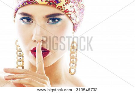 Young Pretty Modern Girl With Bright Shawl On Head Emotional Posing Isolated On White Background, As