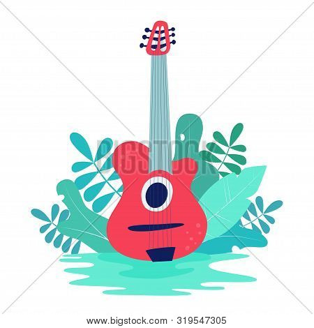 Illustration With Acoustic Guitar And Nature. Great Element For Music Festival Or T-shirt. Vector Co