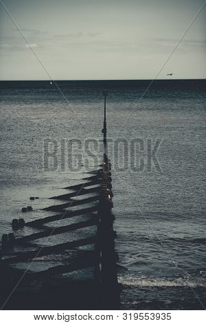 Dramatic Shot Of A Wooden Breakwater Found At Hornsea Beach, East Yorkshire, Uk.