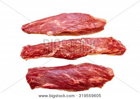 Steak Bottom Sirloin Flap Meat (bavet) Of Marbled Beef On A White Background
