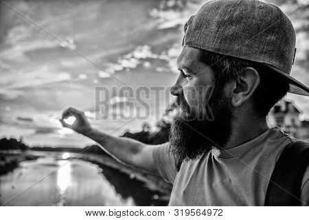 River Sun Reflection. Enjoy Pleasant Moment. Guy In Front Of Blue Sky At Evening Time Admire Landsca