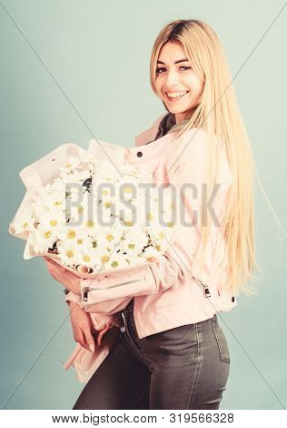 Birthday Mothers Day 8 March Or Any Other Occasion For Gift. Girl Tender Sensual Blonde Hold Chamomi