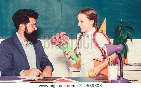 Surprise. Knowledge Day Is 1 September. Small School Girl Kid With Flower Bouquet. Teachers Day. Dau