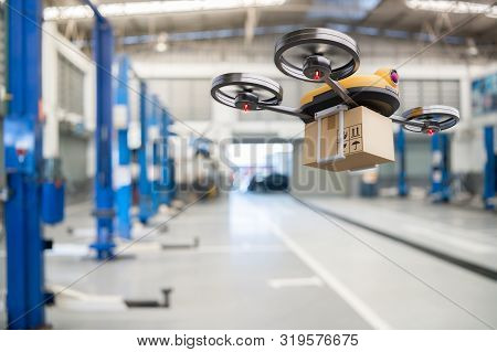 Spare Part Delivery Drone At Garage Storage In Leading Automotive Car Service Center For Delivering 