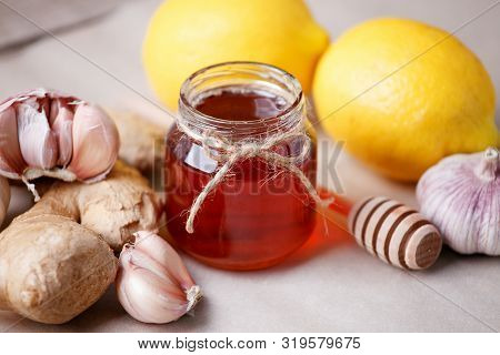Ingredients For Healthy Tea With Herbs, Honey, Ginger, Garlic And Lemon, Seasonal Traditional Flu Re