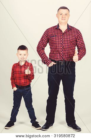 Little Boy With Dad Man. Success. Thumb Up Gesture. Happy Family. Childhood. Parenting. Fathers Day.