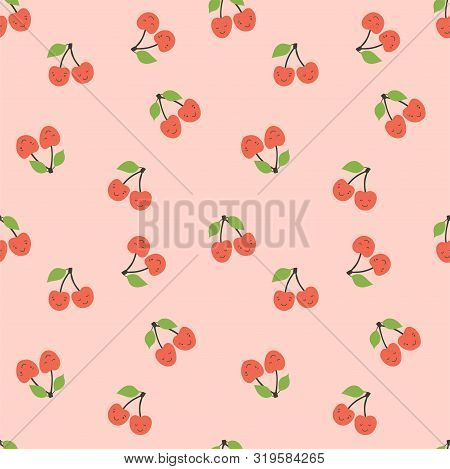 Kid's Seamless Pattern. Smiling Cherry. Fruit Fashion Print. Design Elements For Baby Textile Or Clo
