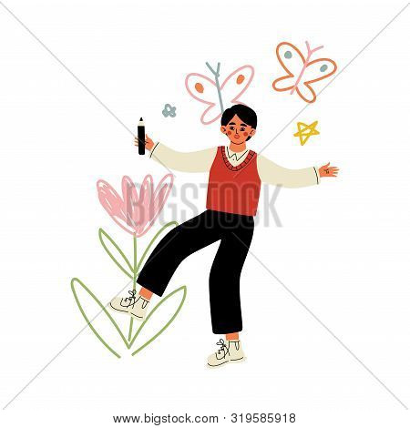 Cute Boy Drawing On Wall With Color Pencils, Creativity Development Of Kids Vector Illustration