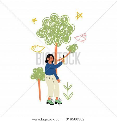 Cute Girl Painting Trees On Wall With Color Paints And Brush Vector Illustration