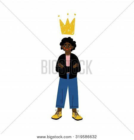 Cute African American Boy Standing Next To Painted Golden Crown Vector Illustration
