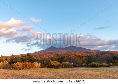 Autumn Foliage Scenery In Kayano-kogen Plateau, Aomori, Japan. Hakkoda Mountains On Background Bathe