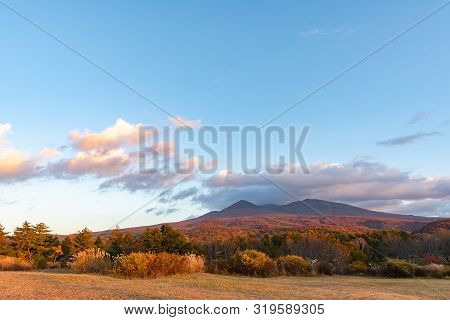 Autumn Foliage Scenery In Kayano-kogen Plateau, Aomori, Japan. Hakkoda Mountains On Background Bathe