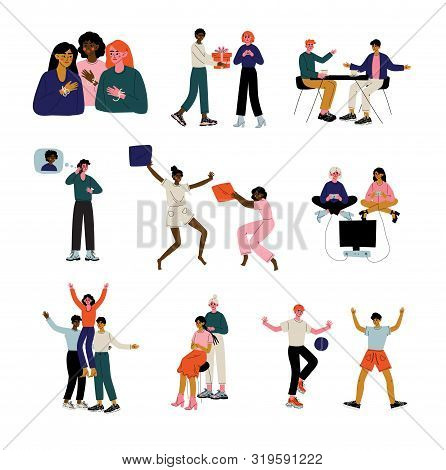 Friends Spending Time Together Set, Young Man And Woman Meeting, Talking, Playing Games, Giving Gift