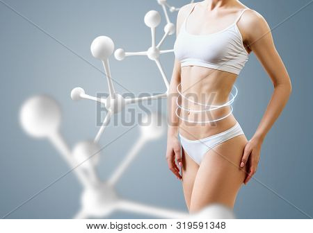Woman With Perfect Body Near Molecule Chain. Slimming Concept. Metabolism Improvemen Concept.