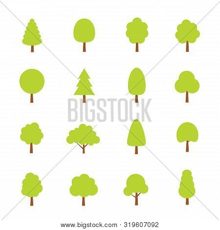 Green Trees Set. Flat Style. Flat Forest Tree Icon - Stock Vector.