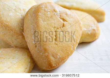 Homemade Heart-shaped Shortbread, Beautiful Picture, Light Breakfast. Horizontally Placed. Delicious