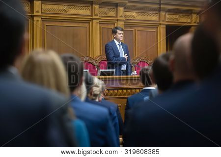 Kyiv, Ukraine - Aug. 29, 2019: Speaker Of The Verkhovna Rada Of Ukraine Dmytro Razumkov Uring The Se