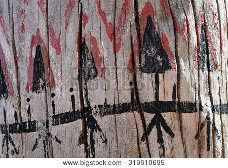 Painted Tribal Pattern On Wood Texture For Interesting Backgrounds. Drawing Paint On Wood, Backgroun