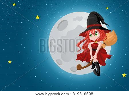 Cute Cartoon Of A Beautiful Witch Flying With Her Broom During Full Moon, For Halloween Theme And Co