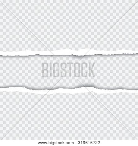 Realistic Torn Paper Edges With Shadow On Transparent Background - Stock Vector.